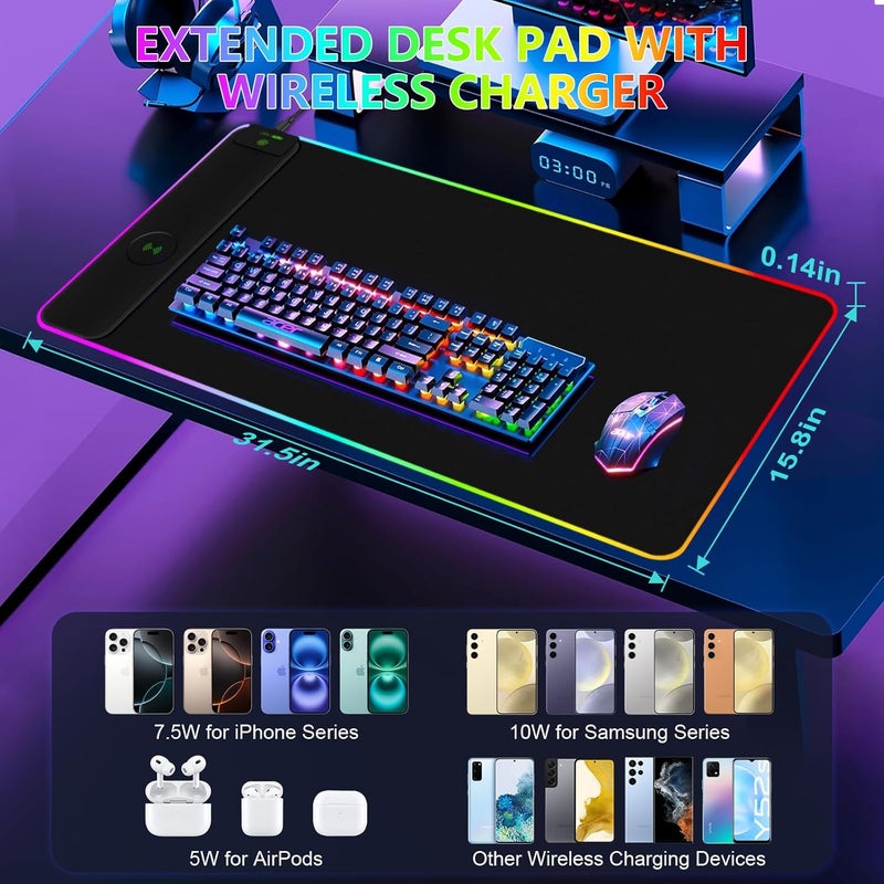 abc.mat Magnetic Wireless Charging RGB Mouse Pad, 31.5'' x 15.8'' Large LED Gaming Desk Mat, 24 Light Effects, Non-Slip Rubber Base, Waterproof Ultra-Smooth Surface - Image 3